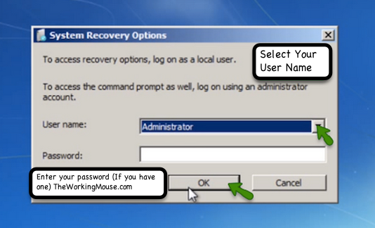 open system recovery options menu your computer account